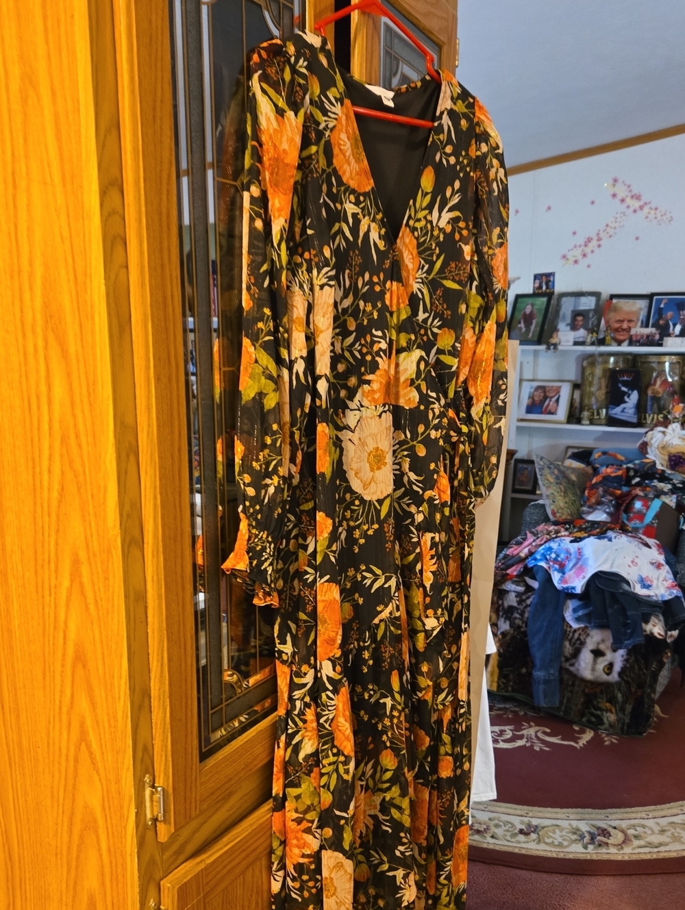 LC Lauren Conrad Black Maxi Dress with Orange and Cream Floral Print